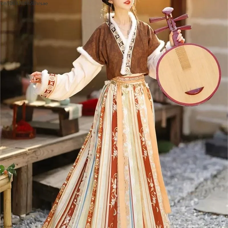 

2024 Original Tang Han Dynasty Round Neck Shirt Tang Jacket Dunhuang Exotic Pleated Skirt Daily Autumn Winter Hanfu Dress