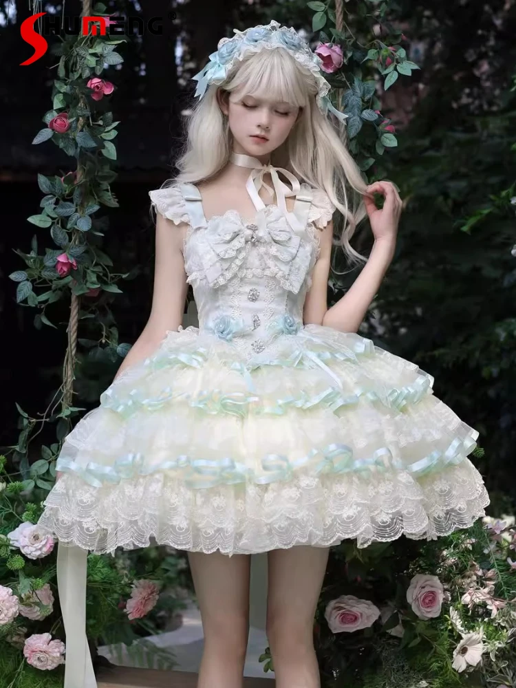 

Elegant Sweet Ballet Style Princess Birthday Party Dresses Square Neck Sleeveless Lace Bow Cute Lolita JSK Puffy Dress for Women