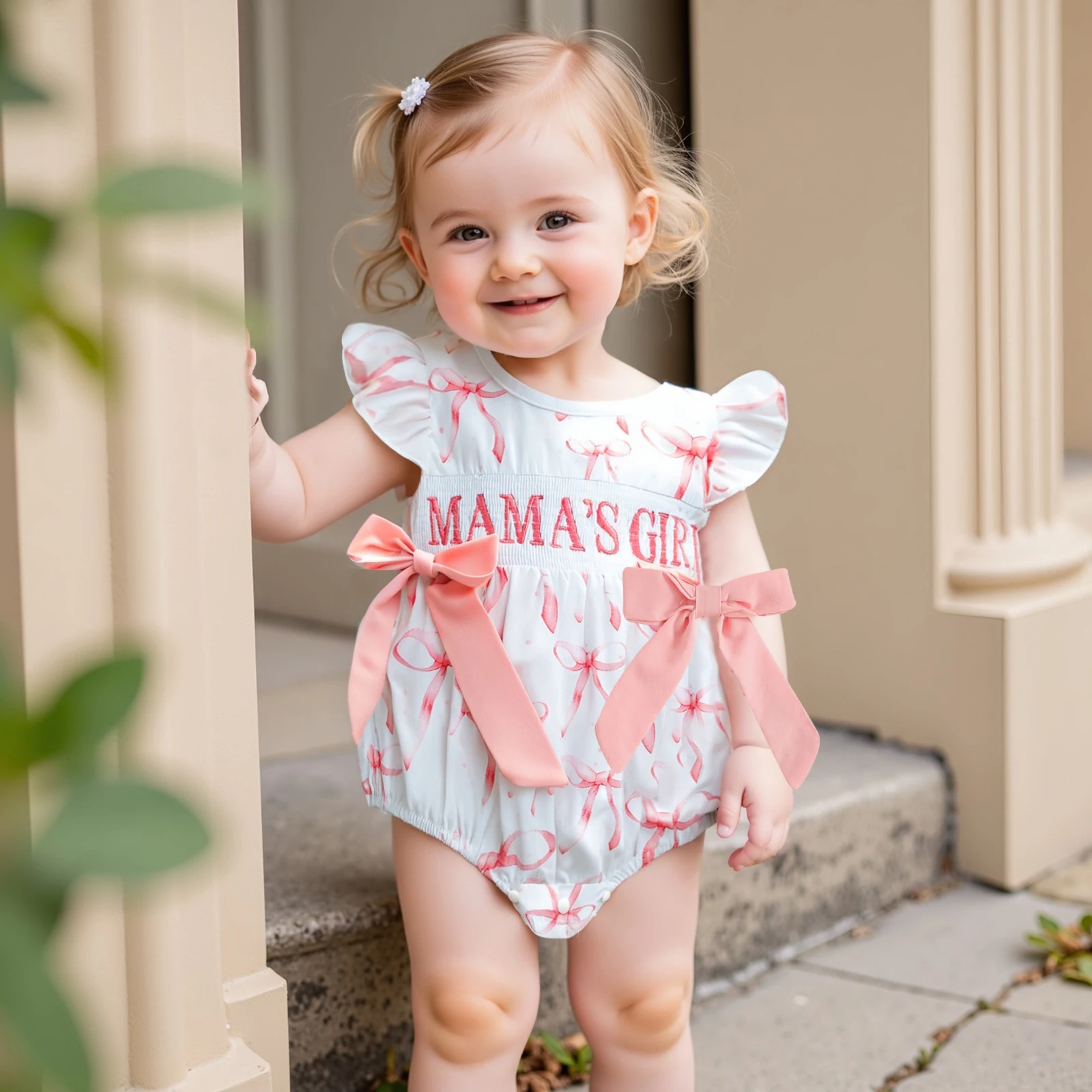 Baby Girl Summer Romper Bows Letter Embroidery Smocked Flying Sleeve Bodysuits Infant Jumpsuit for Mother's Day