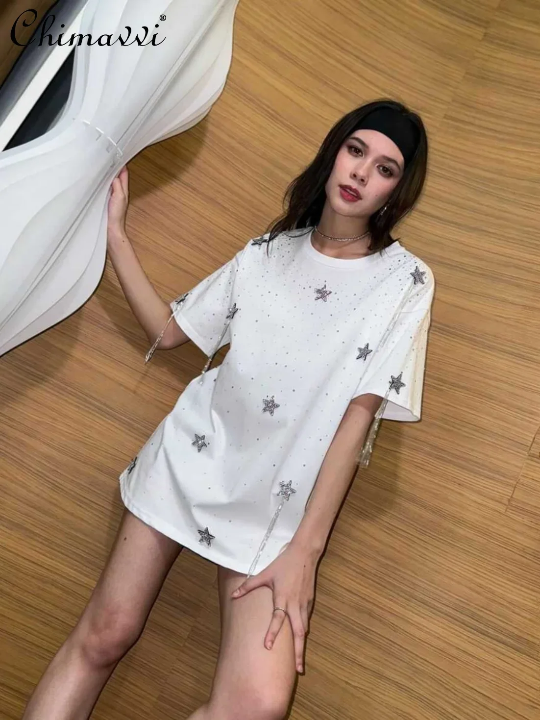 

Fashion White Tassels T-shirt Summer Heavy Hot Drilling Five-Pointed Star Short Sleeve Loose Mid-Length Cotton Tee Tops Women