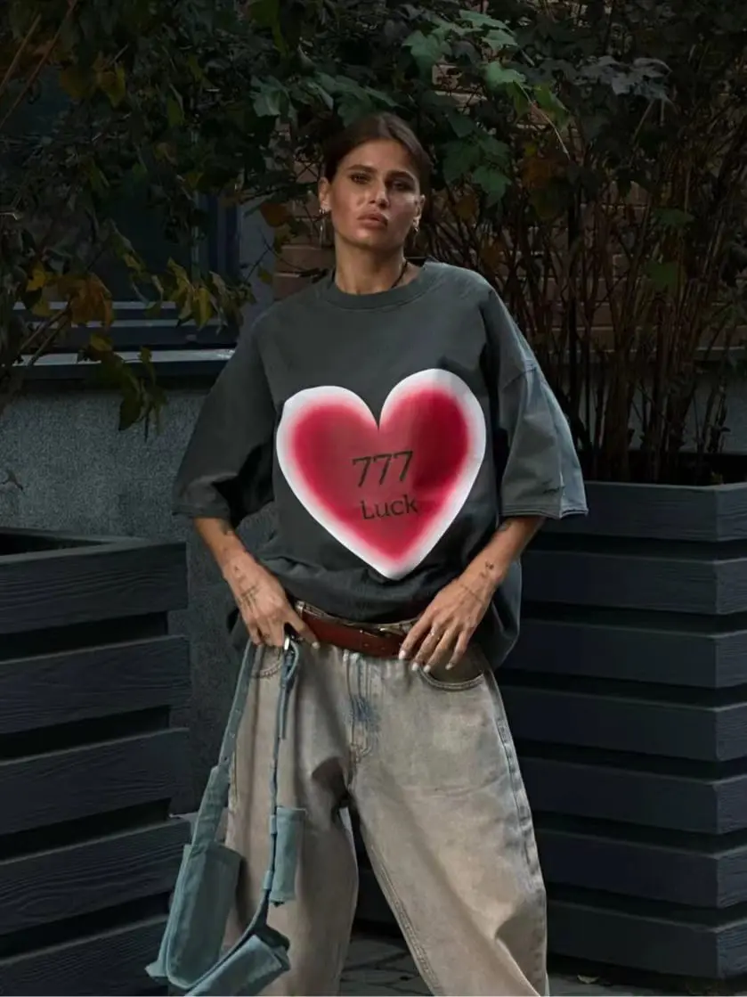 Love Printing Design Washed Retro Cotton Short Sleeves Loose Oversized T Shirt Women Clothes