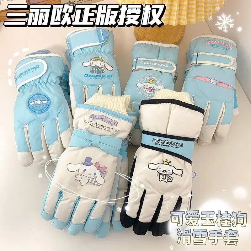 

New Sweet Kawaii Sanrio Cinnamoroll Anime Children Ski Gloves Winter Cute Cartoon Warm Wool Thickened Waterproof Gloves Gifts