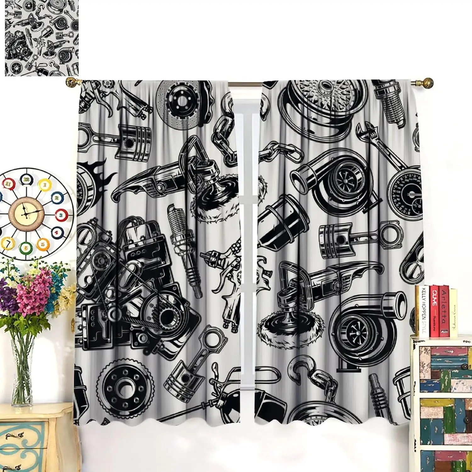Car Blackout Curtains Modern Abstract Car Repair Light Grey Black Art Printed for Boys Teens Men Bedroom Living Room  2 Panels