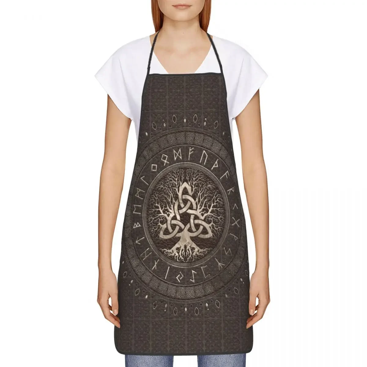 Tree Of Life With Triquetra Brown Leather And Gold Bib Aprons Unisex Kitchen Chef Viking Tablier Cuisine for Cooking Baking