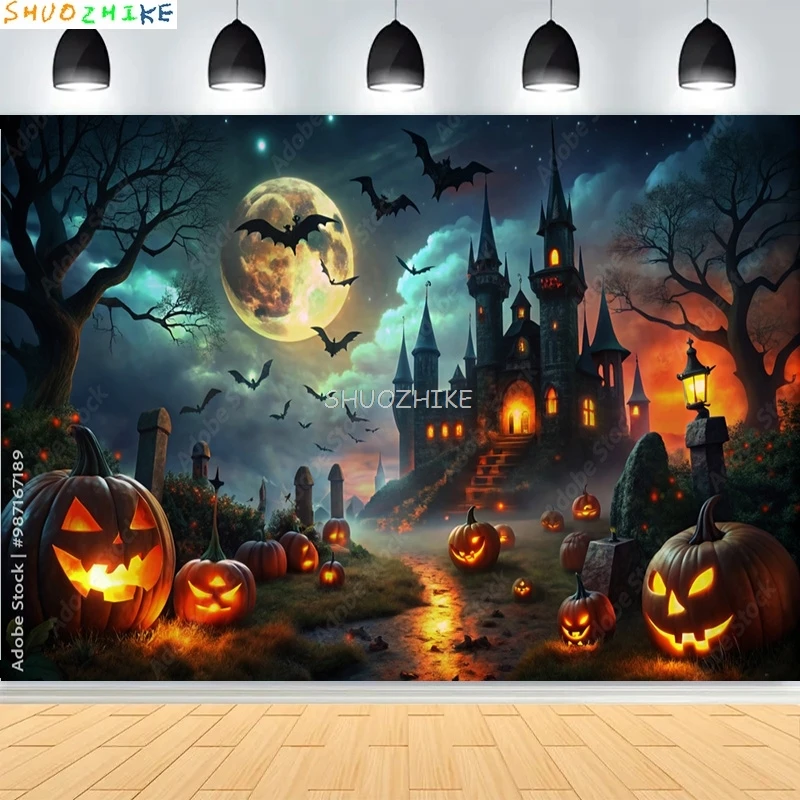 أشباح جاك أو فانوس يوم الهالوين خلفيات للتصوير الفوتوغرافي القلعة مقبرة الرعب القرع القمر استوديو الصور خلفية KB-07