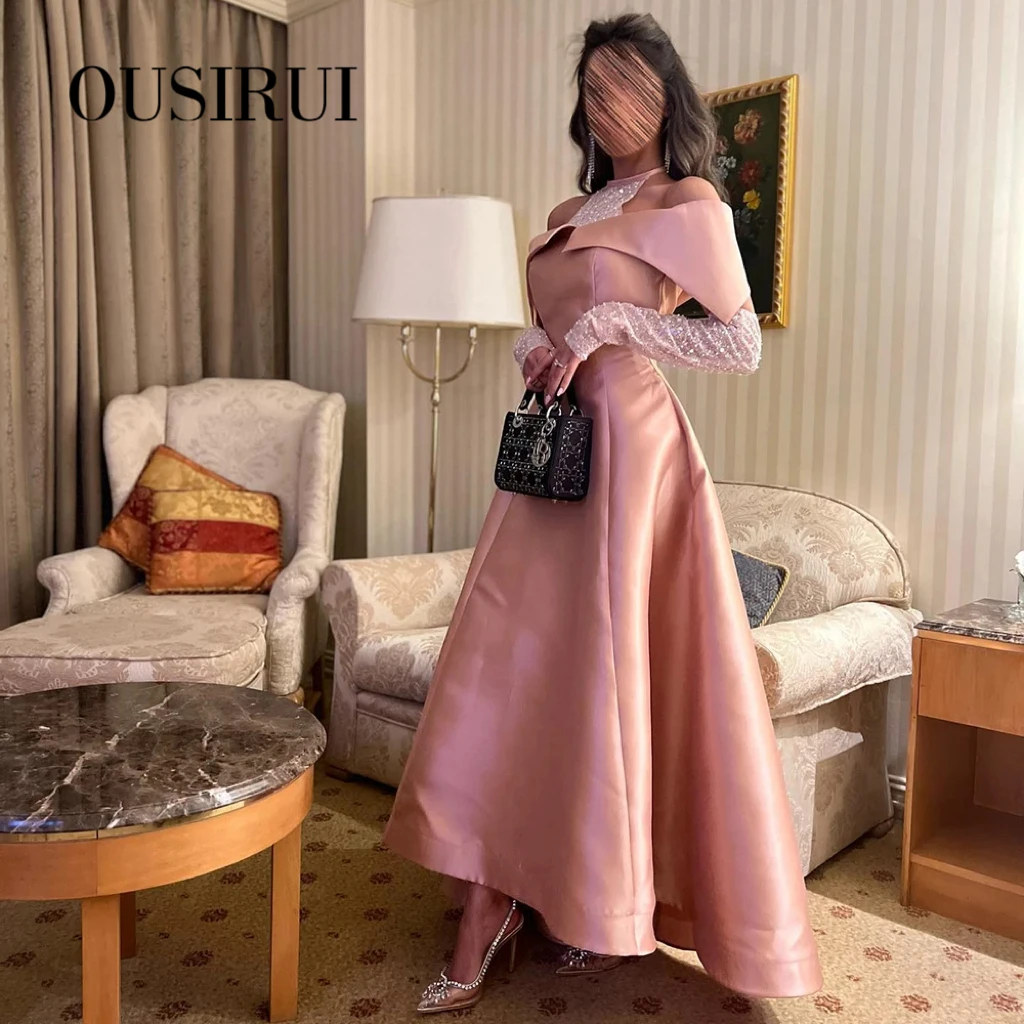 OUSIRUI Khaki Satin High Low Dubai Evening Dress for Wedding Party Halter Arabic Women Midi Formal Guest Gowns vestidos de gala