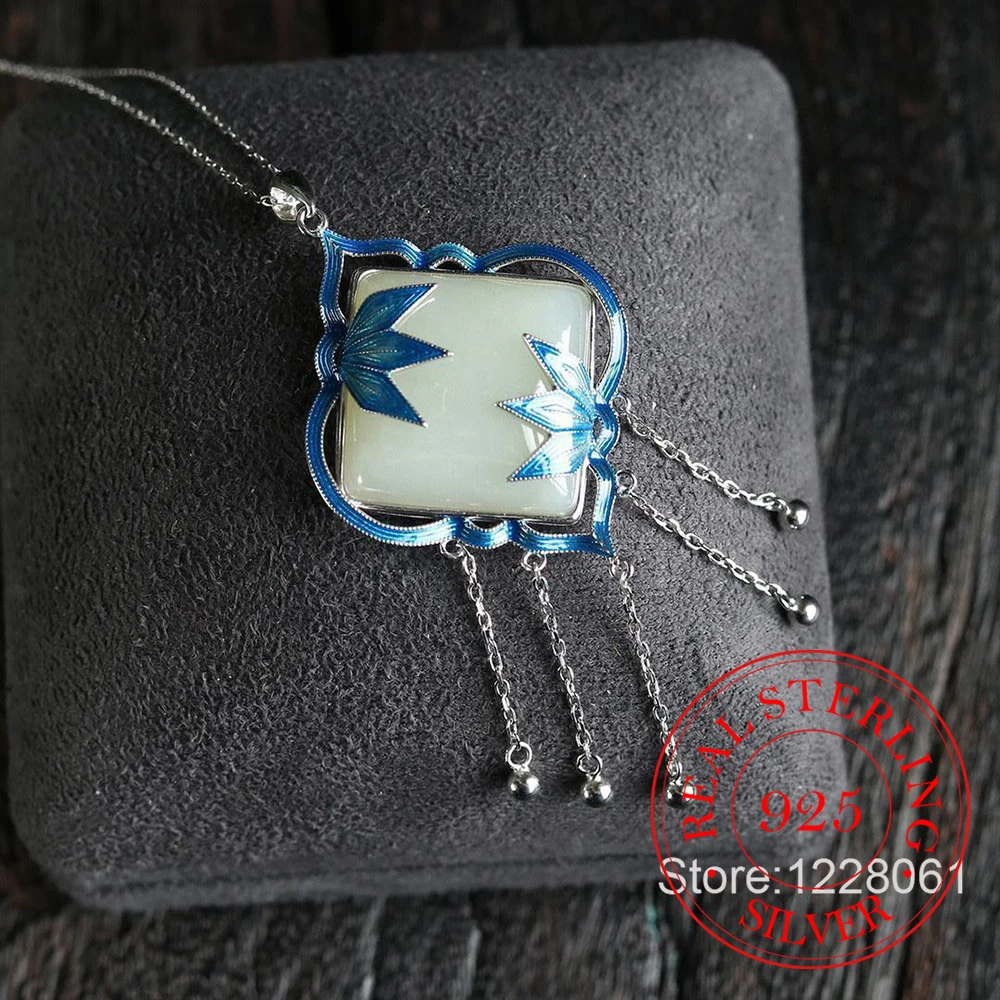 

925 Sterling Silver Jewelry Natural Jade Enamel Bamboo Pattern Necklace Pendant for Women Wedding Party Jewelry Friend Gift