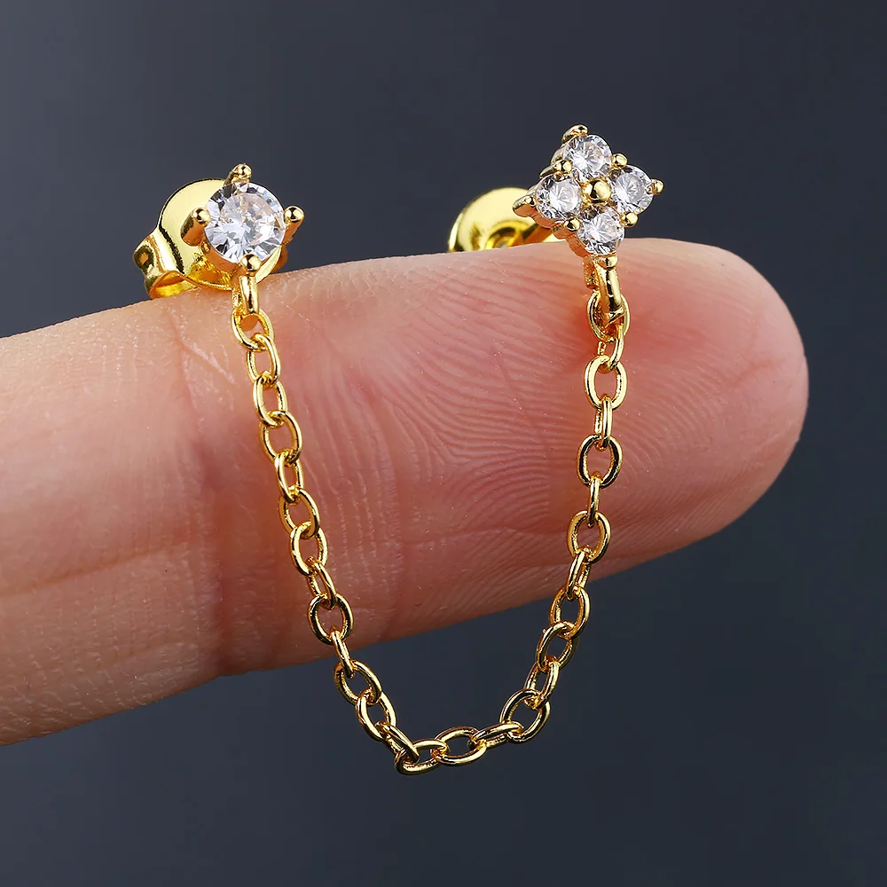 موضة سلسلة واحدة ثقب الأذن للنساء فتاة الزركون شرابة قلادة الفص اللولب ثقب القرط الذهب اللون مجوهرات للجسم هدية #3