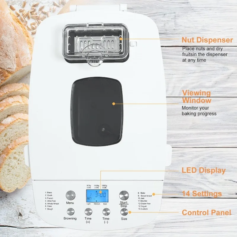 Máquina automática para hacer pan con dispensador de frutas y nueces, máquina para hacer pan, con ajuste libre de glúteos, 3LB, 2,5lb, 2LB