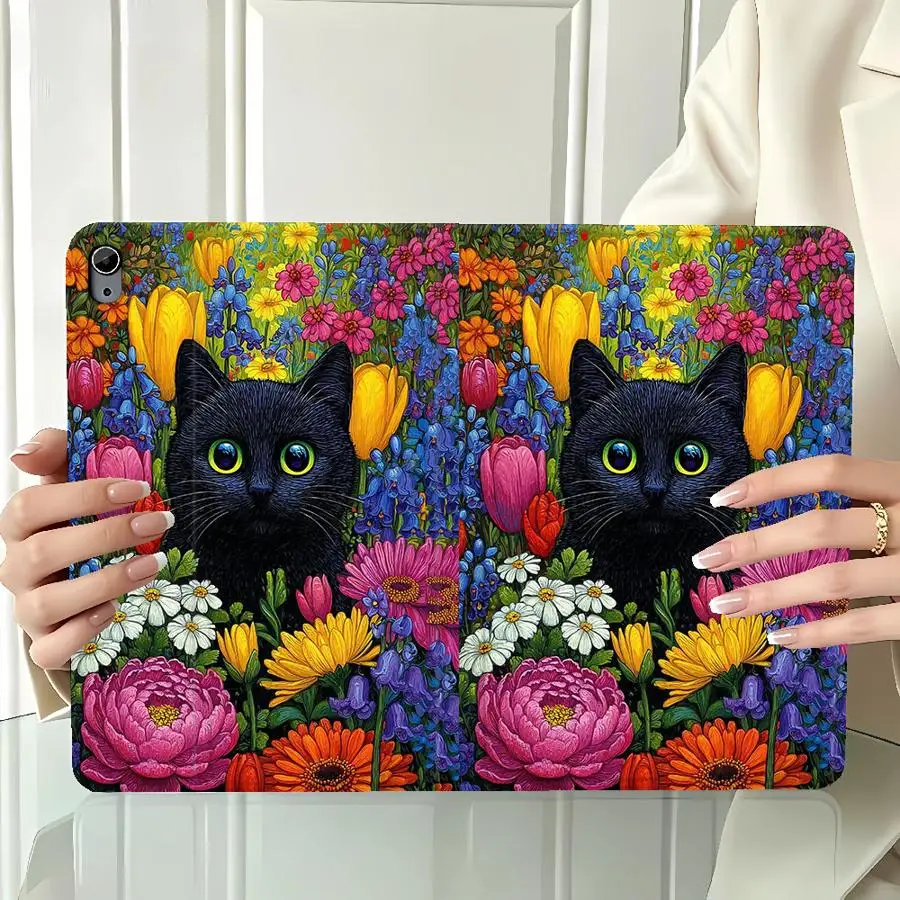 Case for Xiaomi Pad 5 6 7 8 Pro Redmi Pad SE K Pad 8.8 9.7 12.4 Inch Pad 6s Pro 7 Ultra with Pencil Slot Funny Black Cat Flower