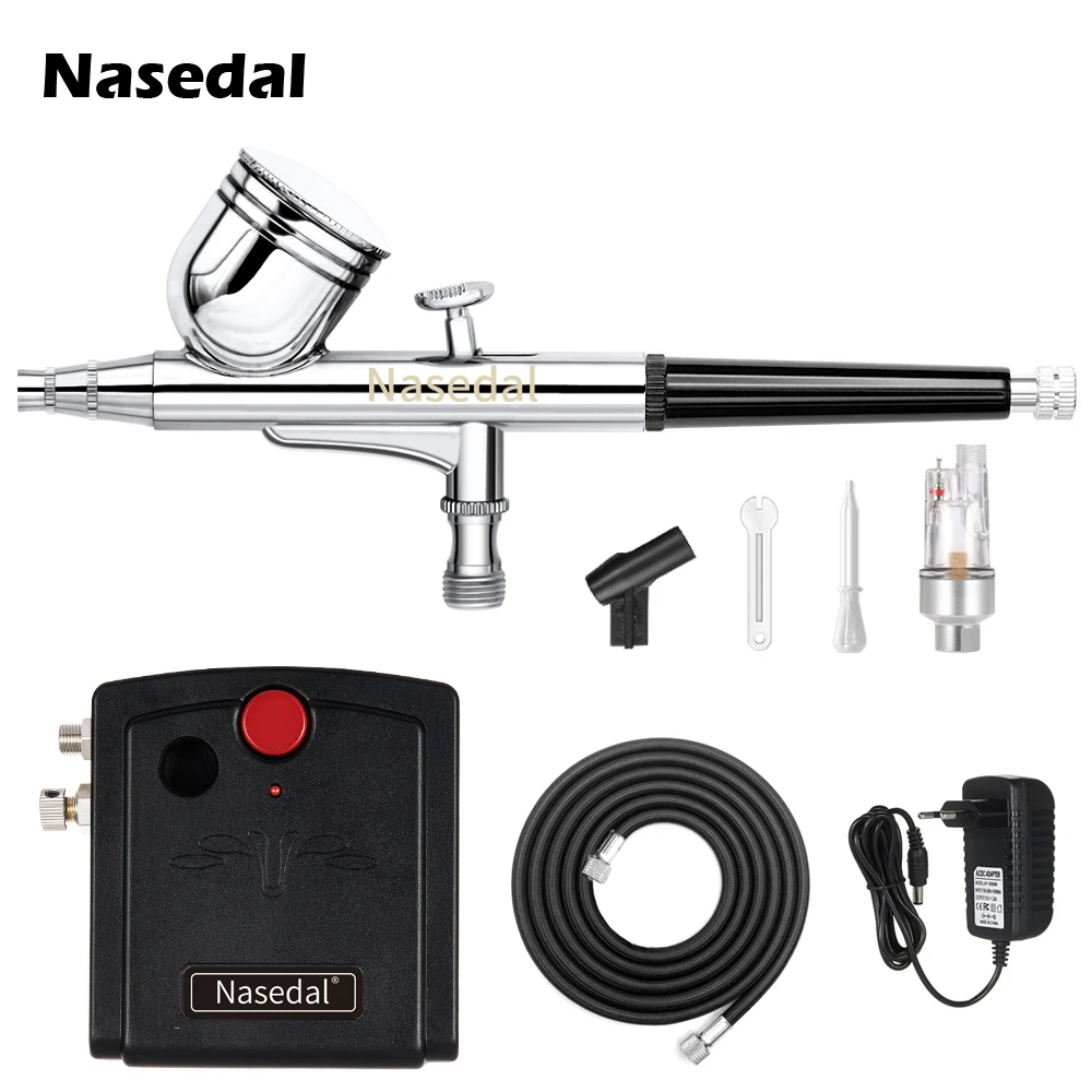 Nasedal Airbrush Compressor Dual-Action Spray Gun 0.3mm Airbrush Kit for Nail Airbrush for Model Cake Car Painting NT-19