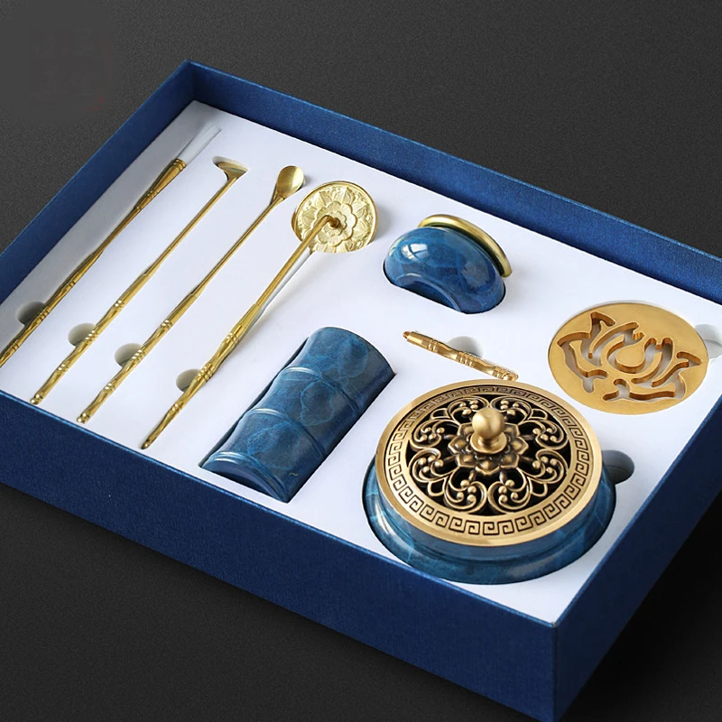 Blue Incense Gift Box Set Tools DIY Pure Copper Seal Indoor Ash Pressing Mold Supplies