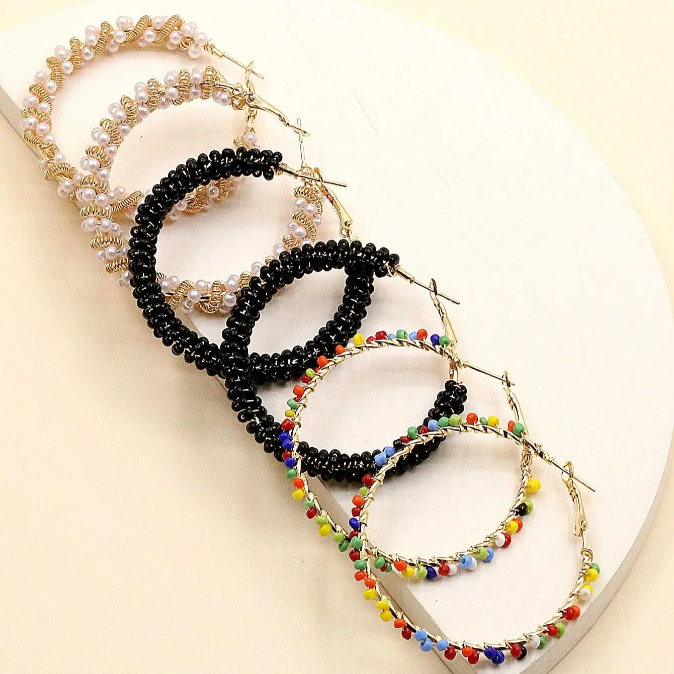 6 Pieces Summer Exaggerated Ladies Color Handmade Rice Bead Hoop Earrings All-match Casual Earrings Jewelry SetAll-match CAS