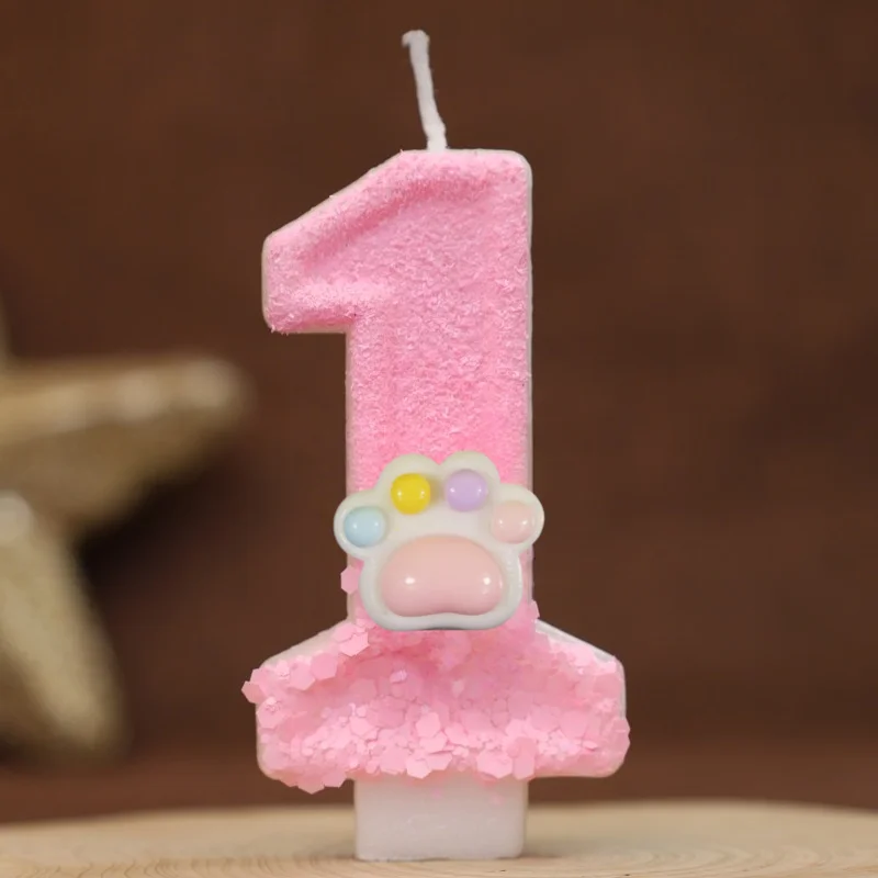3D Number Candles Cake Decorating Glitter Pink Claw Theme Number Candles Paws Cake Topper Birthday Party Cake Decoration