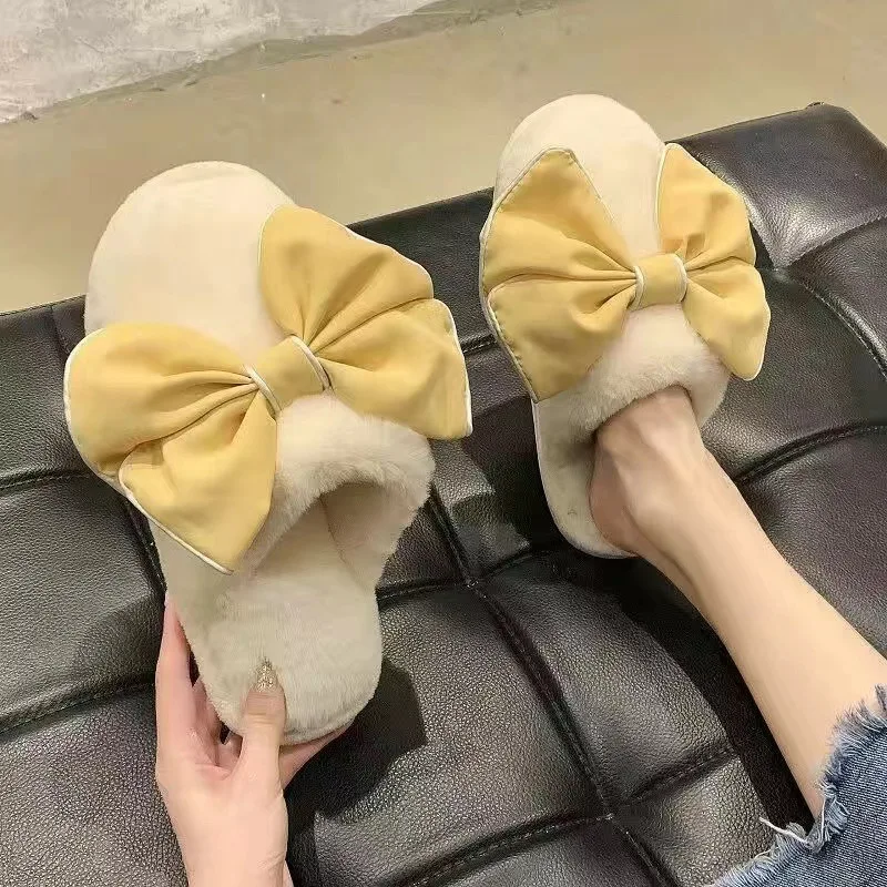 Nuove donne invernali Home Bow pantofole in peluche fodera in cartone animato Fluffy Cozy Flat Cute Warm Faux Fur suola antiscivolo scarpe da donna