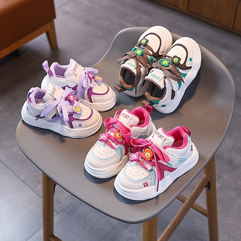 Spring Autumn Kids Skate Shoes Patchwork Fashion Cartoon Flower Baby Girls Casual Sneakers Children's School Shoes Little Kids