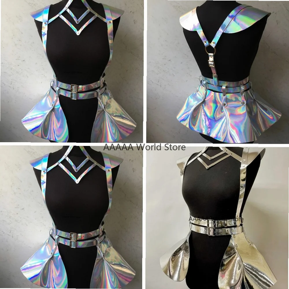 Cyberpunk Holografisches Trägerkleid Cosplay-Kostüm Glänzendes Rave-Festival-Party-Ballkleid Gürtel-Accessoires