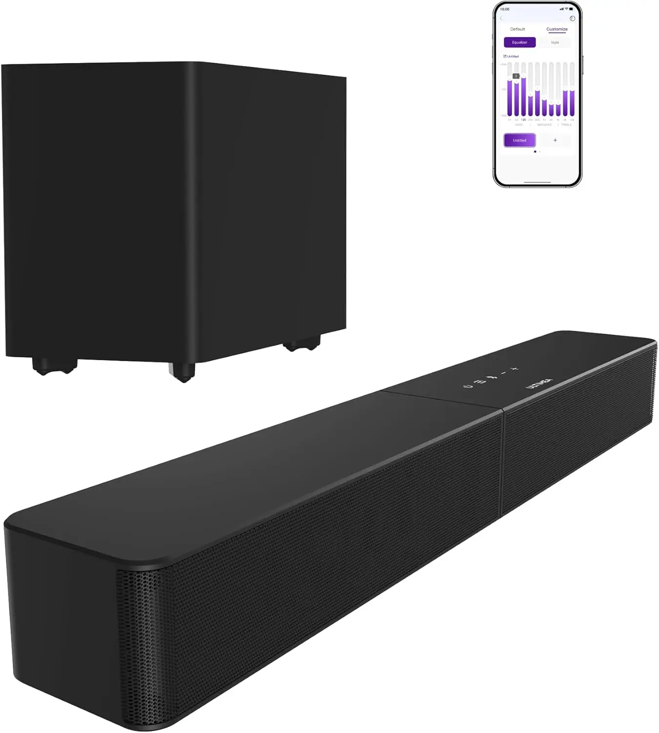 

2.1ch Soundbar with Wireless Subwoofer, 240W Peak, Voice & Bass Enhancement, App EQ, HDMI Optical Bluetooth, for TV