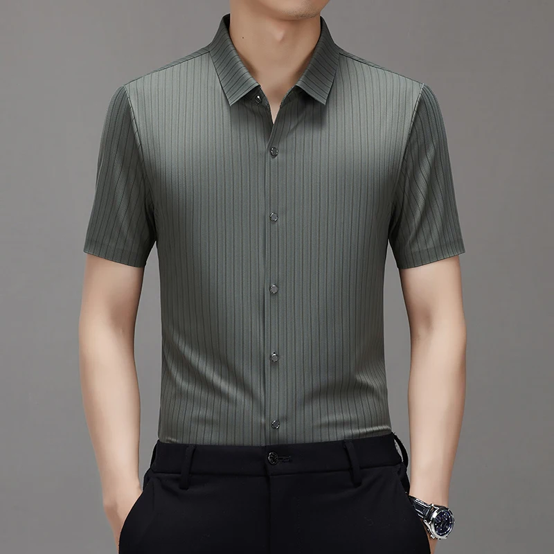 New Men Ice Silk Shirt Striped Luxury Designer Brand Breathable Business Casual 2024 Summer Short-sleeved Tops Camisas De Hombre