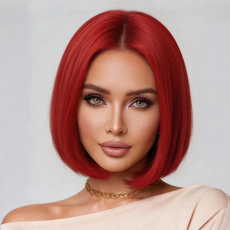 Perruque Bob de 12 pouces rouge vif avec raie au milieu, perruque synthétique courte et droite pour femme, idéale pour le quotidien, les fêtes et le cosplay