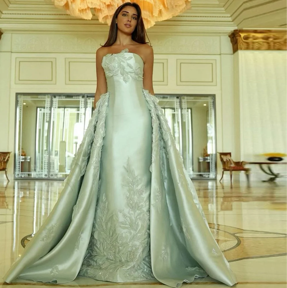 Personalizado clássico cetim sem mangas vestido de noche moderno sem alças vestido de noite elegante apliques miçangas vestidos de baile