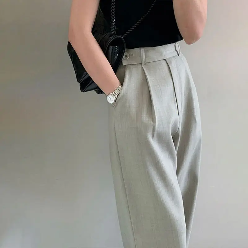 High Waist Narrow Wide-Leg Pants Draping Effect Tight Waist Straight-Leg Pants Classic Women\'s Trousers Commuter Gray Suit Pants