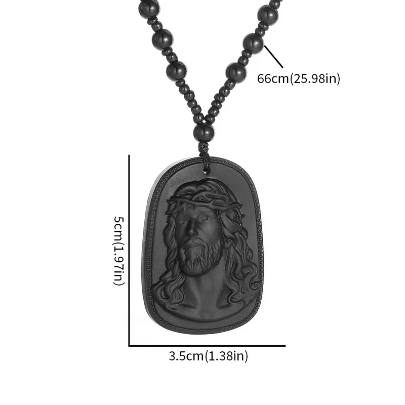 Vintage Christian Obsidian Jesus Statue Pendant Necklace Catholic Prayer Amulet Jewelry Men Women