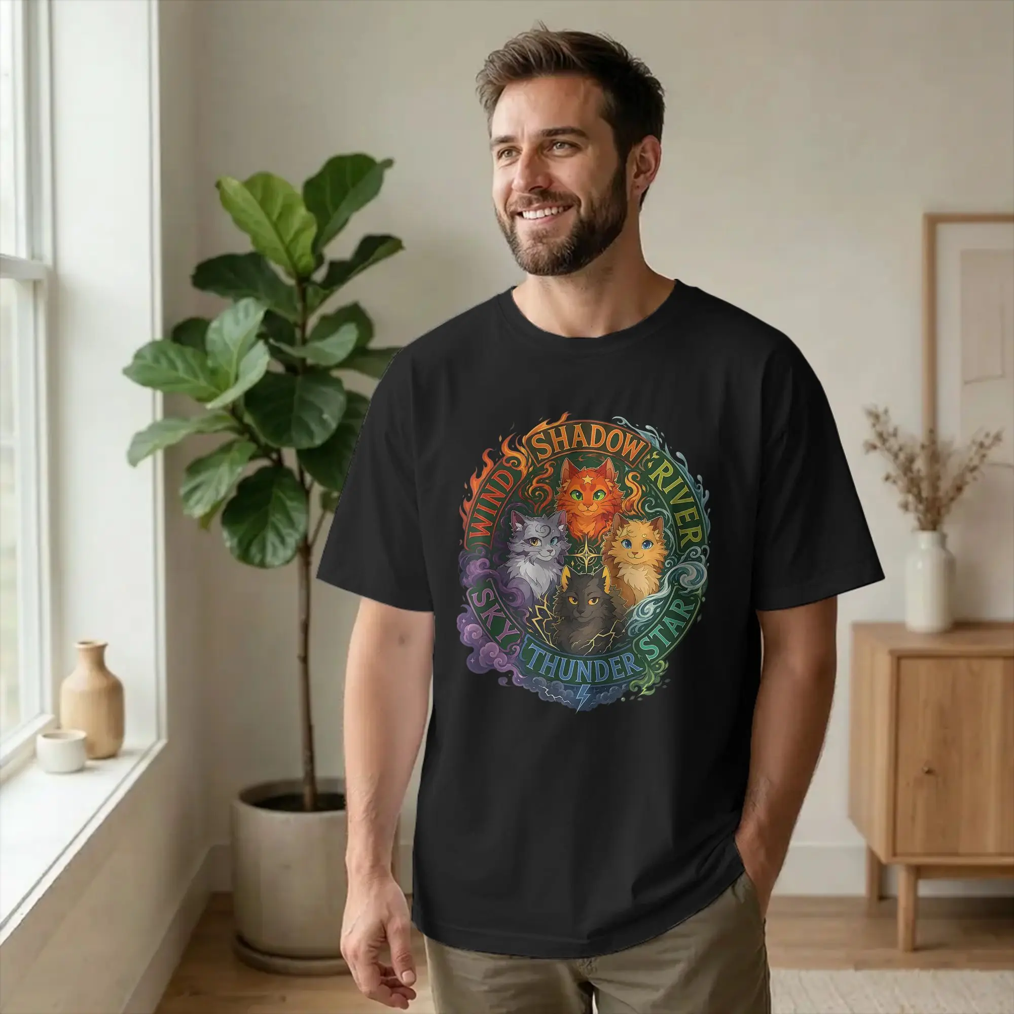 Men's T-Shirts Wind Shadow River Star Thunder Sky Cat Vintage Cotton Tee Shirt FireStar T Shirt Round Collar Clothes 4XL 5XL 6XL