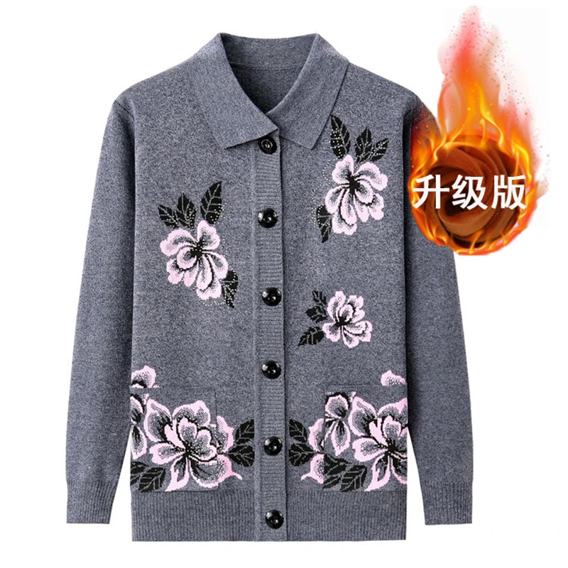 Middle-aged and Elderly Women Vintage Floral Plush Thick Button Knitted Cardigan Autumn Winter Ladies Casual Long Sleeve Sweater