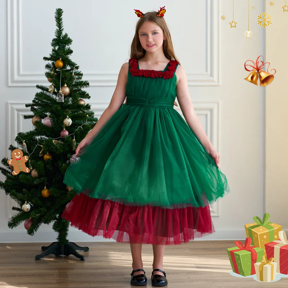 Girl's Long Christmas Dress, Roupa vermelha e verde para crianças, Xmas Party, Ano Novo, Princesas, Aniversário, Roupa infantil, 2024