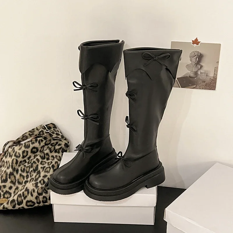 Winter Thick Sole Woman Short Plush High Boot Fashion Butterfly-knot Back Zippers Shoes Women's Slim Knight Long Booties