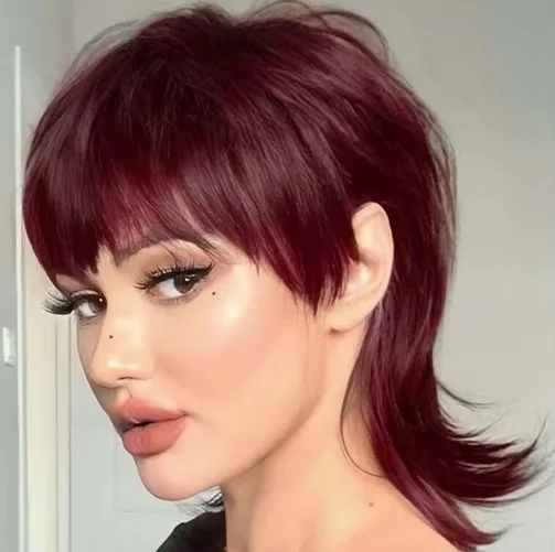 Wig for Women Short Wine Red Wig with Short Layered Mullet Wigs Ombre Burgundy Pixie Synthetic Wig Heat Resistant Wig