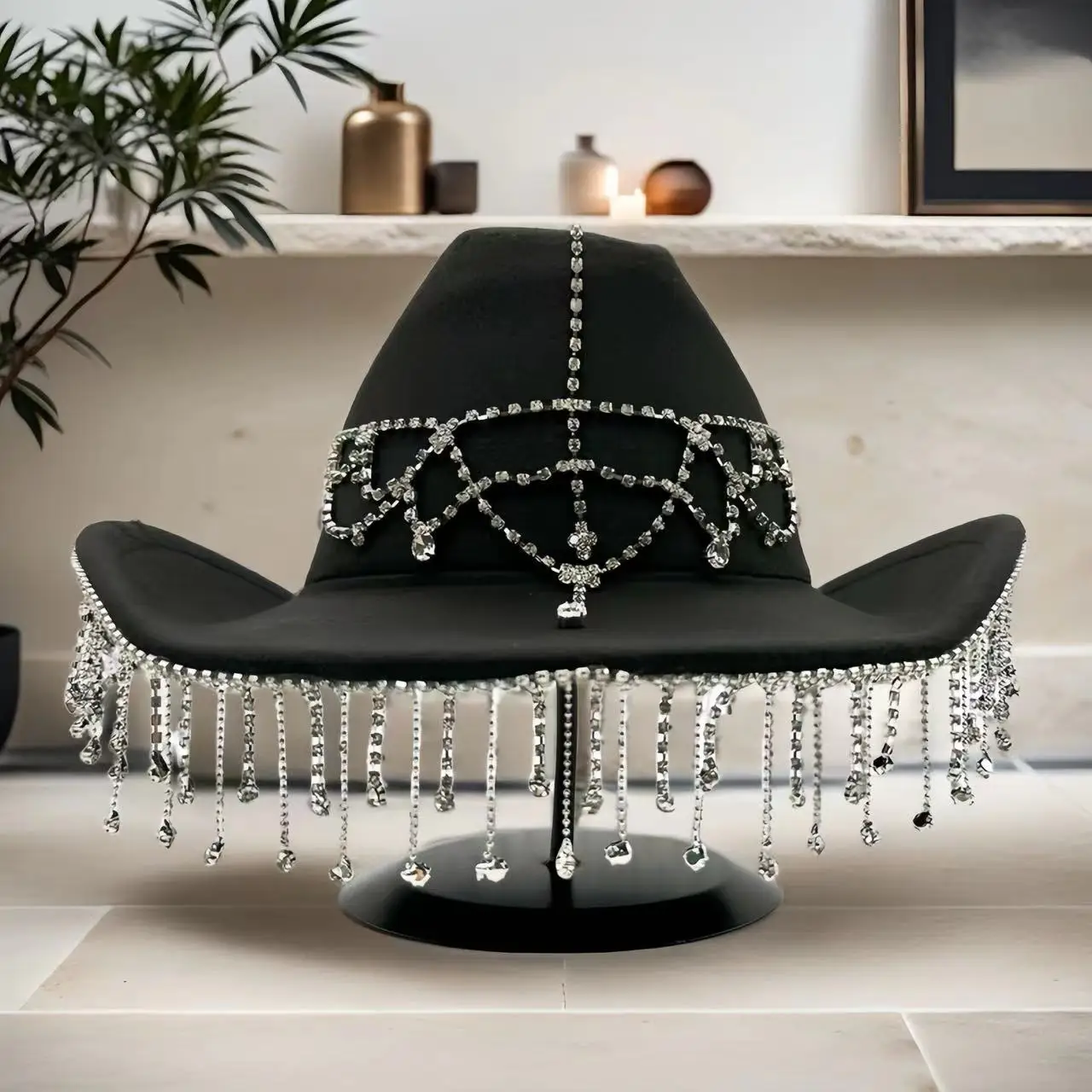 홍루안 서부 카우보이 모자 라인스톤 남성용 - 빈티지 카우보이 액세서리 및 여성용 컨트리 카우걸 모자