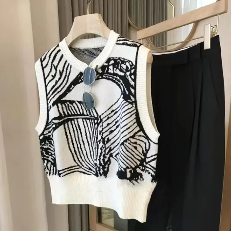 

Fashion Trend Vintage Jacquard Knitting Tank Top Women Clothing All-match O-neck Sleeveless Pullovers Top Tee XT873