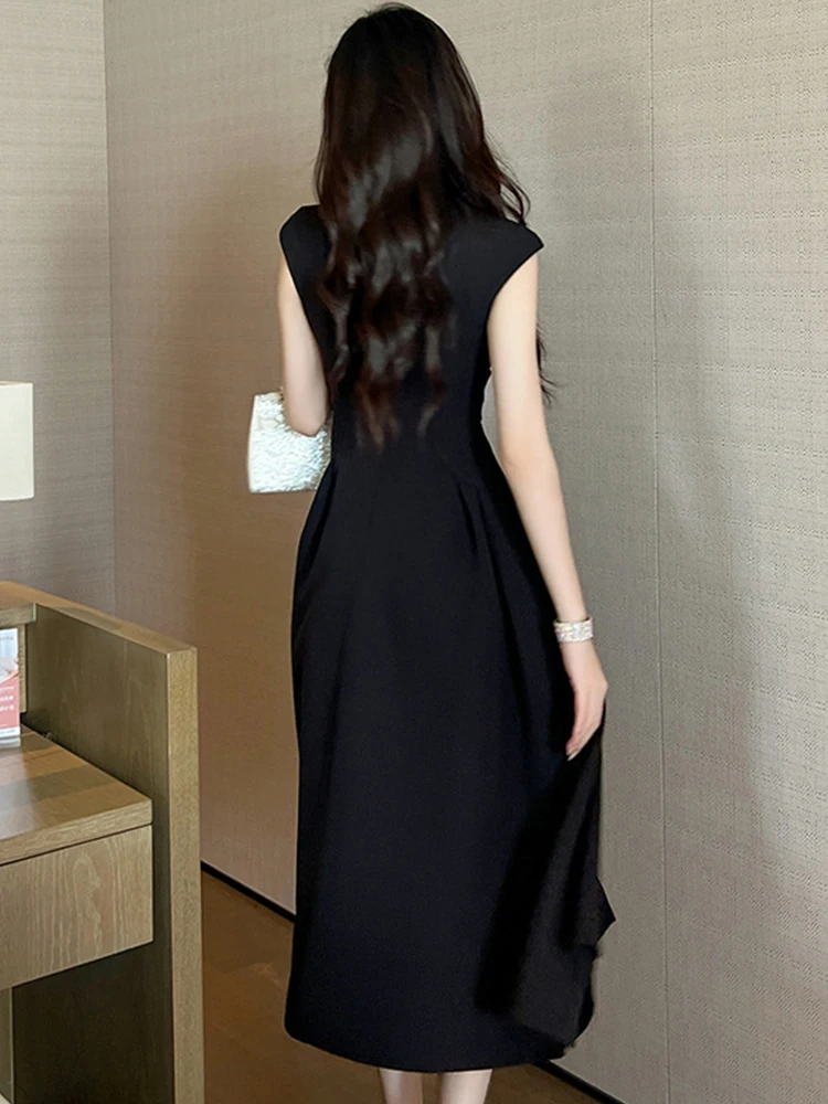 Women\'s Elegant Style Maxi Dresses Lady Classic Black Twisted Folds Long Dress Pleated Ball Gown Female Party Banquet Vestidos