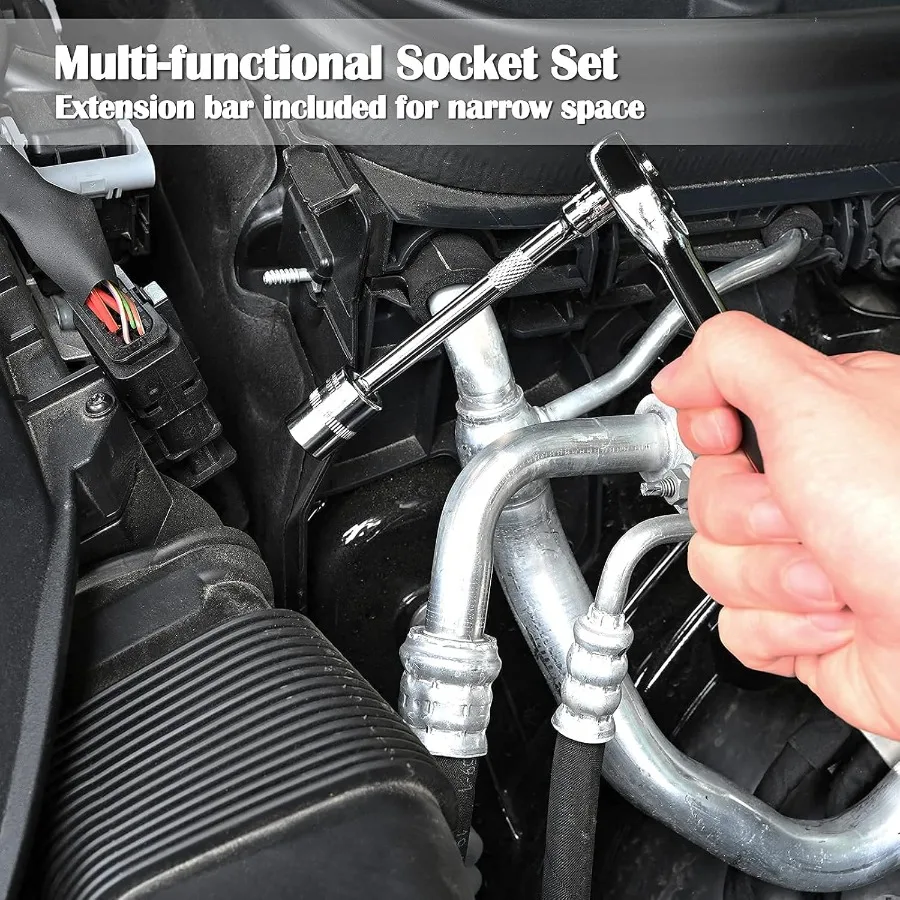 Set di 46 chiavi a cricchetto a bussola da 1/4 pollici con set di bussole per punte in dimensioni metriche e barra di prolunga per riparazioni automobilistiche