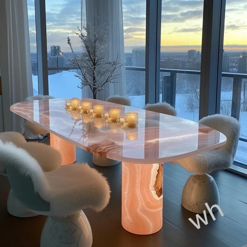 Dining table natural luxury stone rectangular pink island white jade light luxury high-end marble dining table