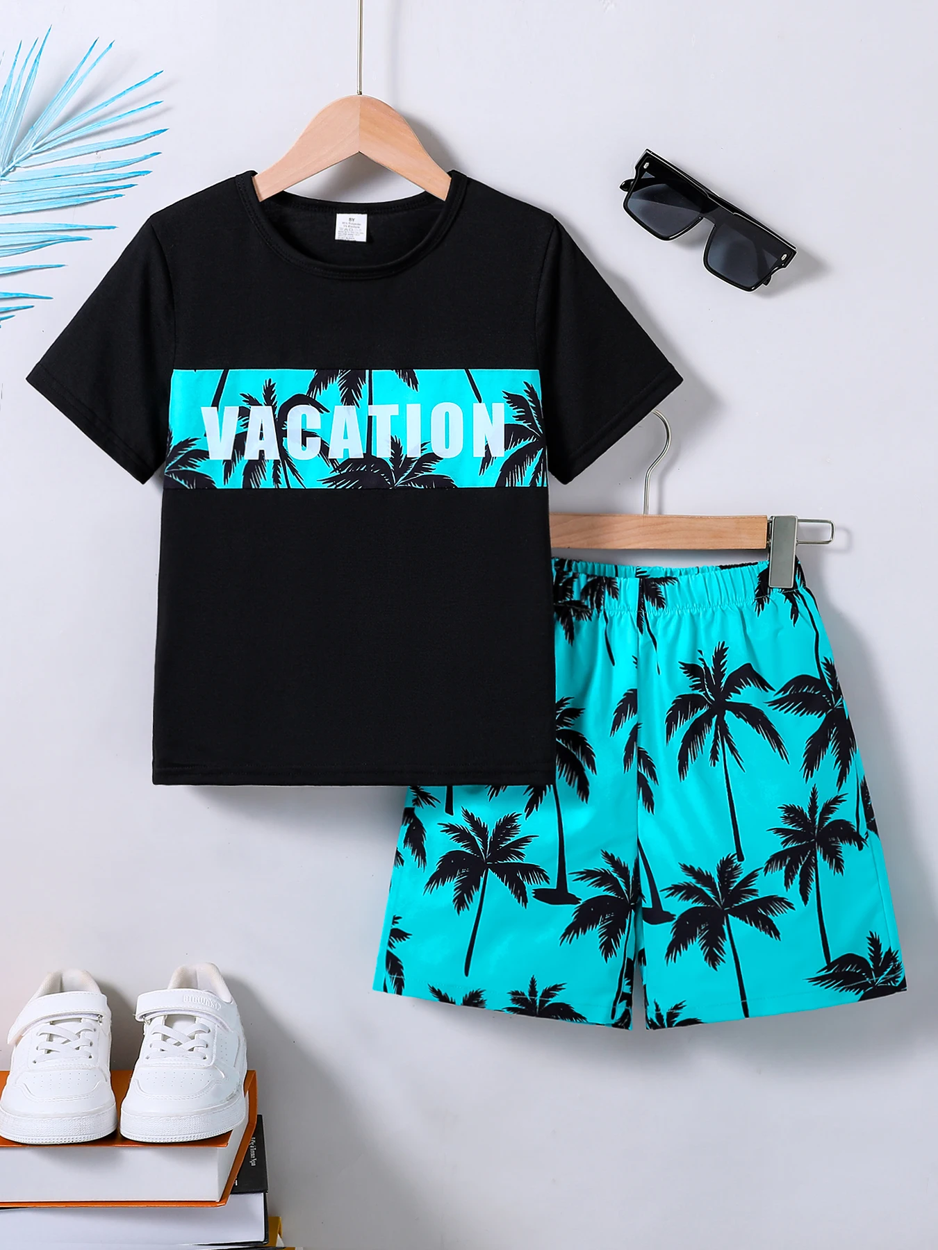 Summer Children\'s Fashion 2-piece Set Boys\' 8-12Y Printed Round Neck T-shirt+Printed Blue Shorts Cool and Breathable Beach Leisu