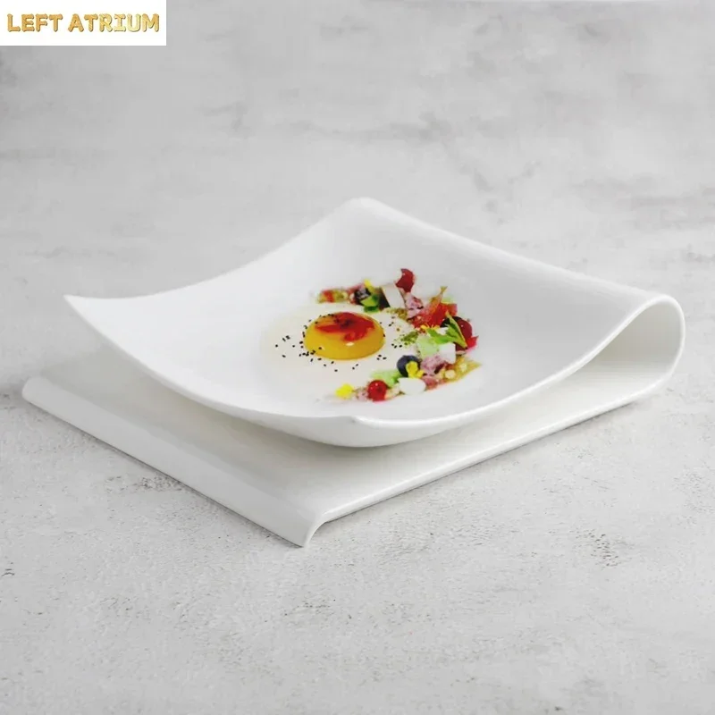 Western Restaurant Irregular Dessert Plate White Ceramic Artistic Conception Plate French Dessert Table Square Plate
