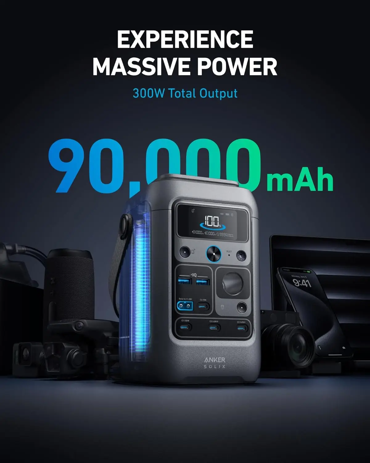 Anker SOLIX C300 DC Power Bank Station 288Wh (90 000mAh) Przenośna elektrownia 300W LiFePO4 Bateria