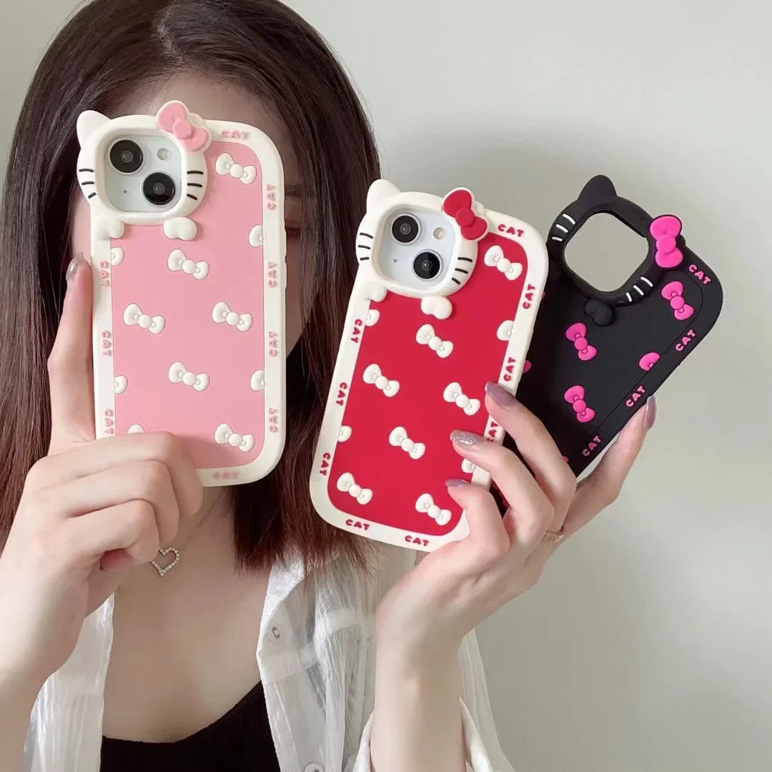 Sanrio Hello Kitty Full Screen Bow Cute Phone Case For iPhone 15 14 13 Pro Max 11 12 13 Pro Luxury Girl Bow Y2K Anti fall Cover