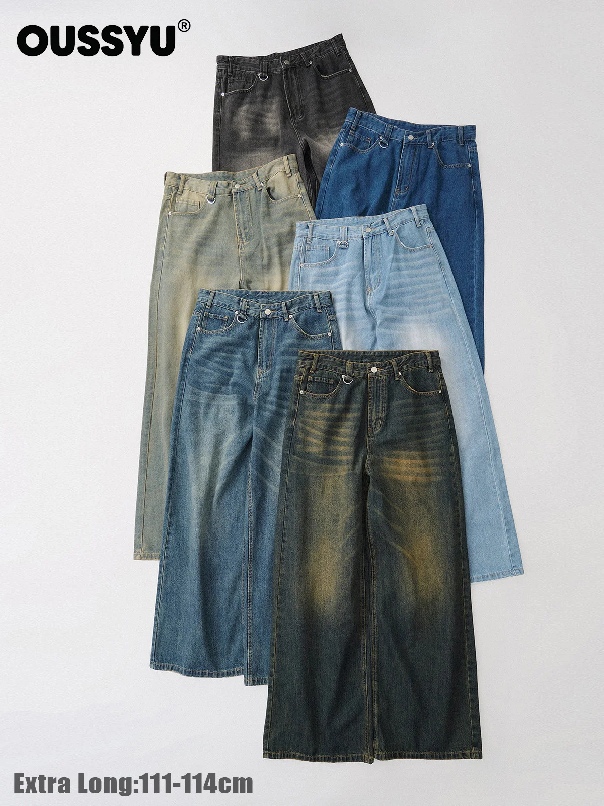 OUSSYU Brand Vintage Baggy Men's Jeans Wide Leg Old Blue Washed Denim Pants Loose Casual Trousers Men Streetwear Y2k Extra Long