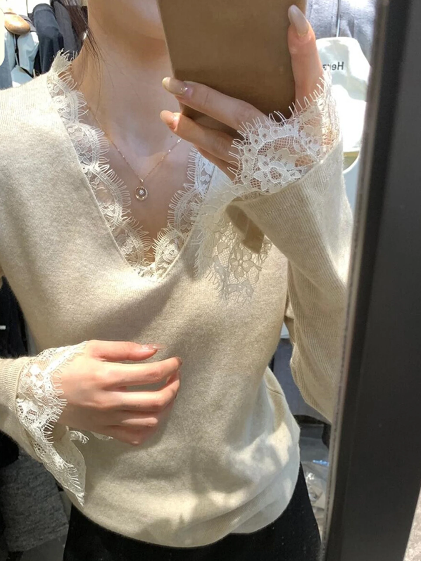 

Ele Lace V-Ne Трикотажная основа irt Женский осенне-зимний топ Bell Sve Высококачественный трикотаж Внутренняя одежда Slim Fit Long Sve