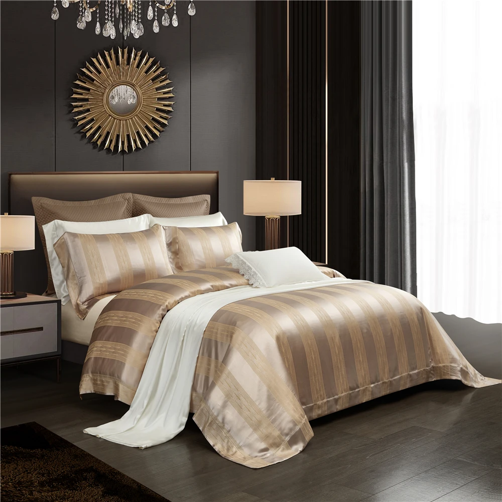 Mulberry Silk 4Pieces Bedding Set Yarn-Dyed Jacquard Duvet Cover Sheets Pillowcase Golden Stripes Design Enjoy Life Deeper Sleep