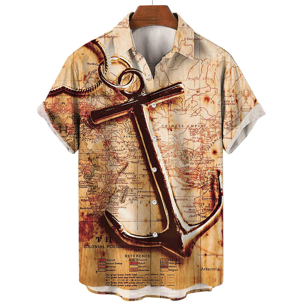 Anchor 3d Print Beach Shirts Men's Hawaiian Shirts Men's Vocation Blouses Map Lapel Shirt Cuba Camisa Men's Clothing Turn Over