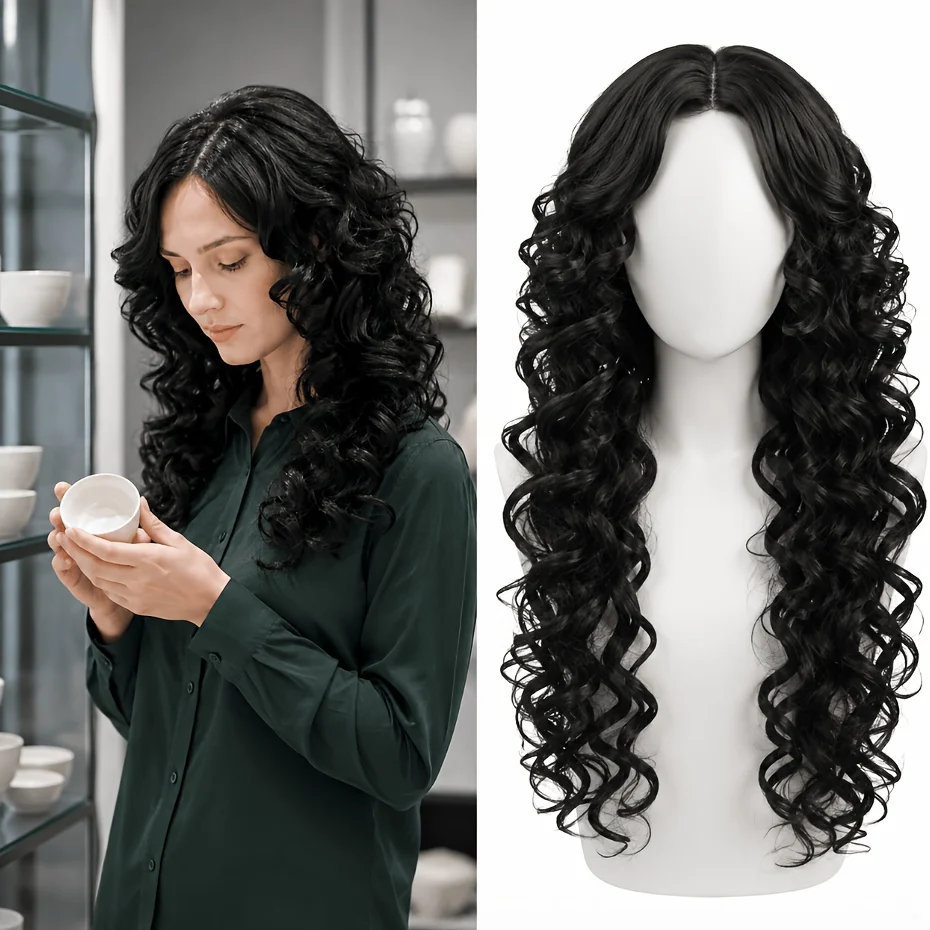 22 inch natural black long roll synthetic wig medium design daily wear, dating, parties, dinners, Halloween, Valentine's Day
