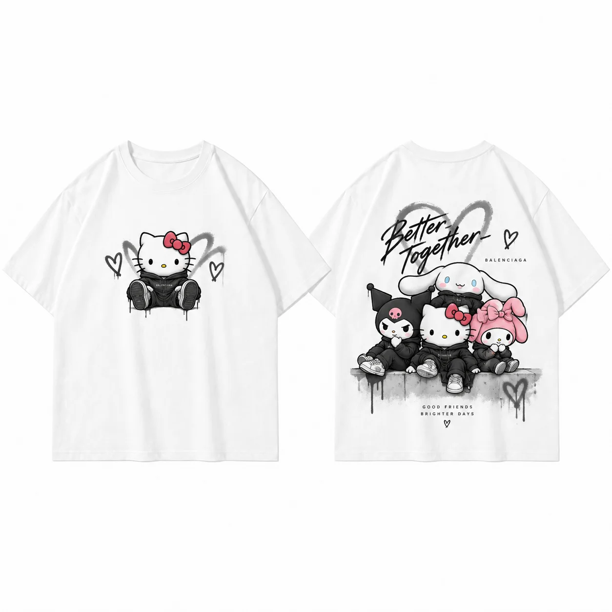 Sanrio Hello Kitty Good Friends Parent Child Graffiti Print T Shirt Men's Women's White Kawaii Cute Streetwear Short Sleeve Top
