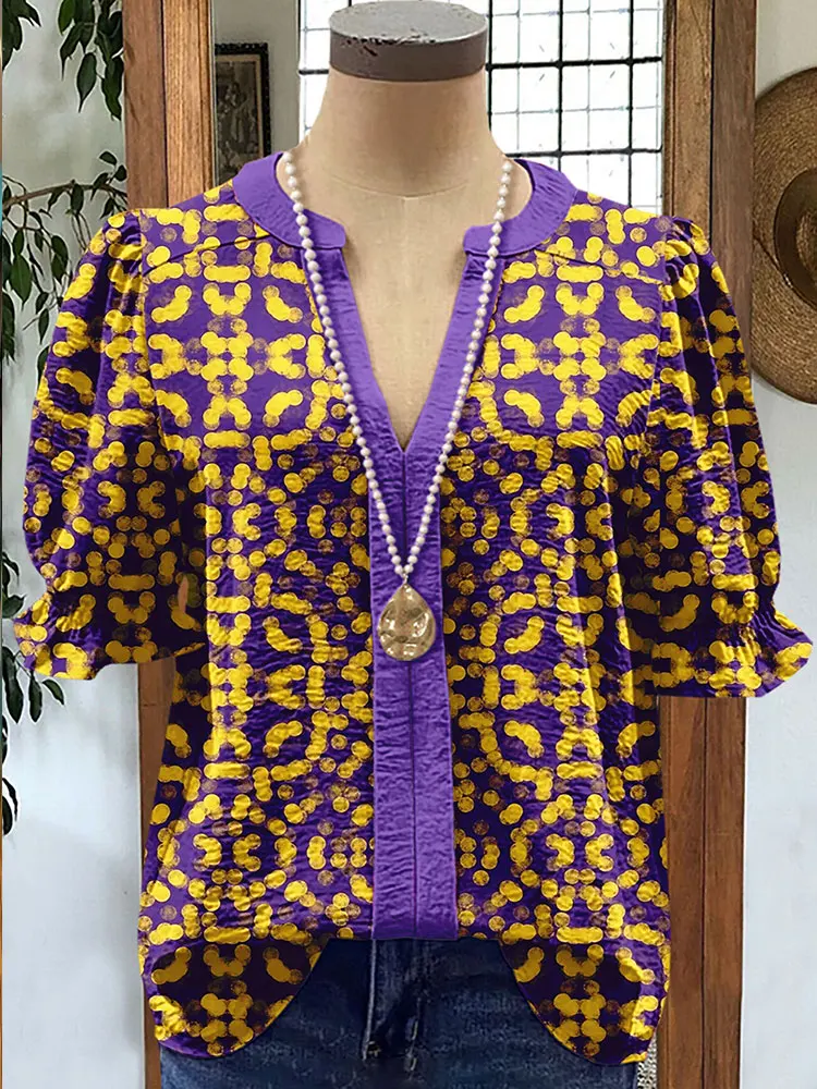 Artsy Purple Gold Game Day Pattern Top  Women Blouse