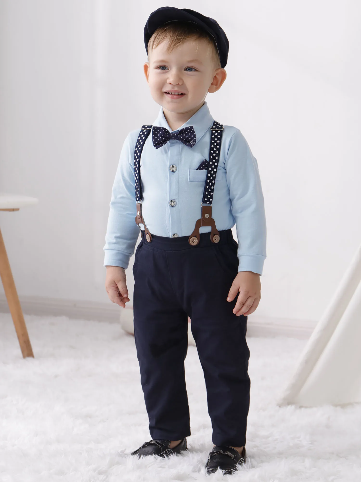 

Baby Boy Gentleman Dress Formal Suit Wedding Baby Boy Suit Infant Boys Suits Button Top+Strap Pants+Beret+Bow Tie 4pcs