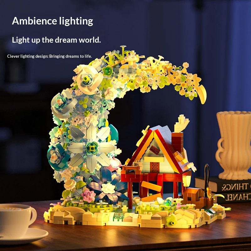 خرافة القمر منزل خشبي باقة الزهور الأبدية لعبة اللبنات فتاة هدية عيد الحب حلية